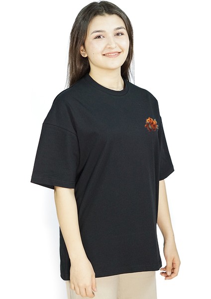 Luxfin | Siyah Renk Baskılı Kadın T-Shirt | Oversize modelleri