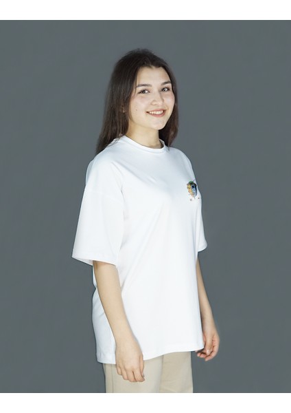 Facia Machina | Beyaz Renk Baskılı Kadın T-Shirt | Oversize modelleri
