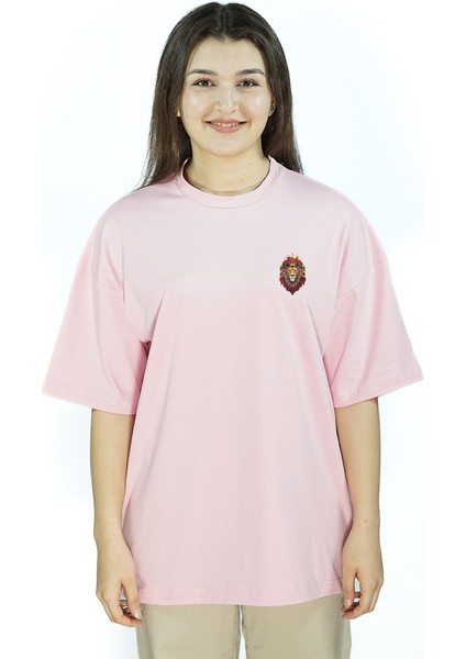Roarion | Pembe Renk Baskılı Kadın T-Shirt | Oversize fiyatları