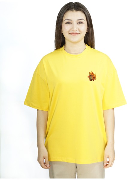 Luxfin | Sarı Renk Baskılı Kadın T-Shirt | Oversize fiyatları