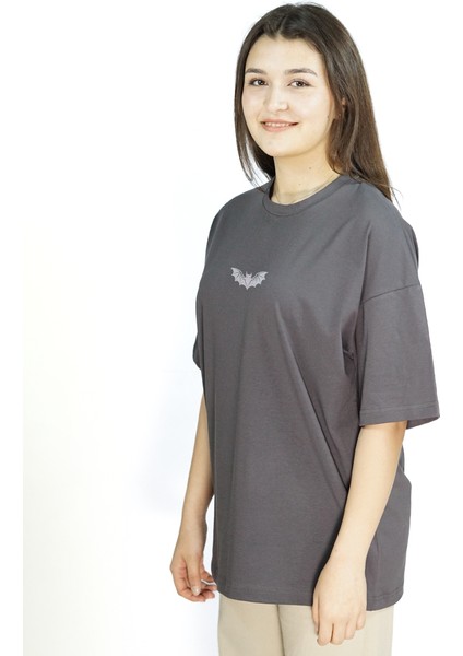 Nocturnis | Gri Renk Baskılı Kadın T-Shirt | Oversize fırsatları