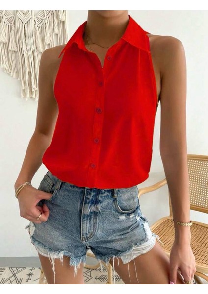 Kadın Yakalı Sıfır Kol Dokuma Viskon Kumaş Gömlek