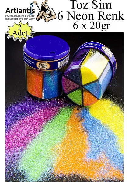 Neon Fosforlu Toz Sim 6 Renk 120 gr 2 Adet Tuzluklu Karışık 6 Lı Renkli Canlı Neon Toz Sim Büyük Epoksi Reçine