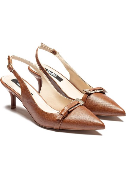 Kadın Topuklu Sivri Burunlu Taşlı Tokalı Ayakkabı Taba 3115