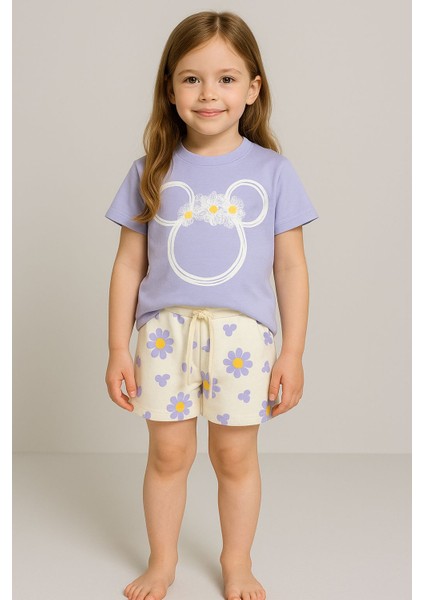 2li Tshirt Şort Kız Takımı Lila Renkli Pamuklu
