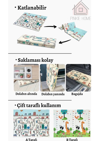 Premium Yol Desenli-Hayvanlı Çift Taraflı Katlanabilir Oyun Mati Oyun Halısı 150X200(TAŞIMA ÇANTALI)