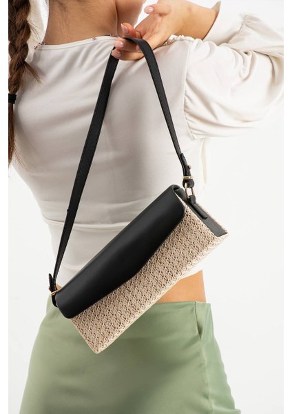 Hasır Detaylı Baget El ve Omuz Çantası