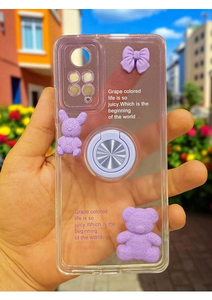 Xıaomi Redmi Note 11 Pro Uyumlu Renk Geçişli Ayıcık Figürlü Silikon Kılıf (Mor)