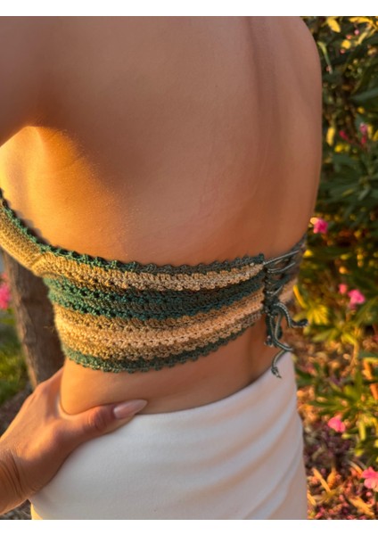 El Yapımı Örgü Yeşil - Kahverengi Ebruli Büstiyer modelleri