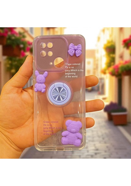 Xıaomi Redmi 10C Uyumlu Renk Geçişli Ayıcık Figürlü Silikon Kılıf (Mor)