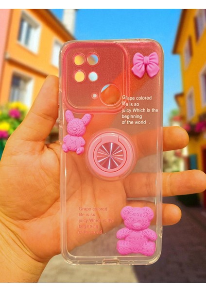 Xıaomi Redmi 10C Uyumlu Renk Geçişli Ayıcık Figürlü Silikon Kılıf (Pembe)