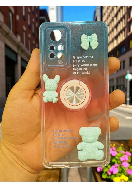 Xıaomi Redmi Note 11 Pro Uyumlu Renk Geçişli Ayıcık Figürlü Silikon Kılıf (Mavi-Pembe)