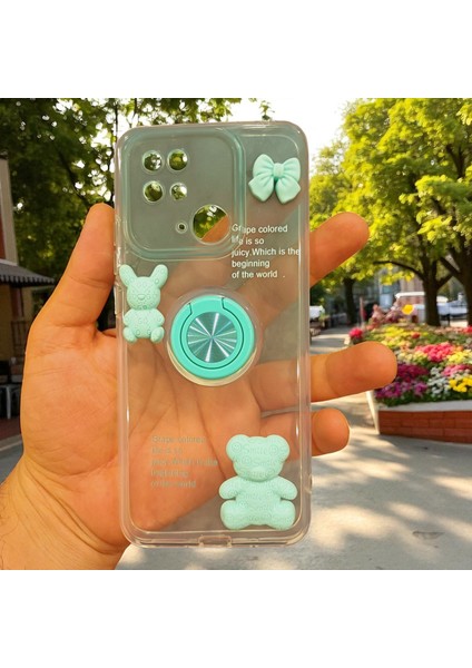 Xıaomi Redmi 10C Uyumlu Renk Geçişli Ayıcık Figürlü Silikon Kılıf (Mint Yeşili)