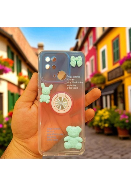 Xıaomi Redmi 10C Uyumlu Renk Geçişli Ayıcık Figürlü Silikon Kılıf (Mavi-Pembe)
