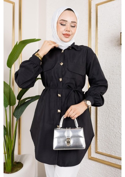 Kadın Gold Düğme Detaylı Kolu Pile Büzgülü Bağcıklı Uzun Yazlık Modal Kumaş Tesettür Gömlek Tunik Bebe Siyah modelleri