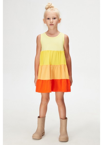 Açık Sarı-Turuncu Kat Kat Renkli Kız Çocuk Büzgülü Askılı Elbise