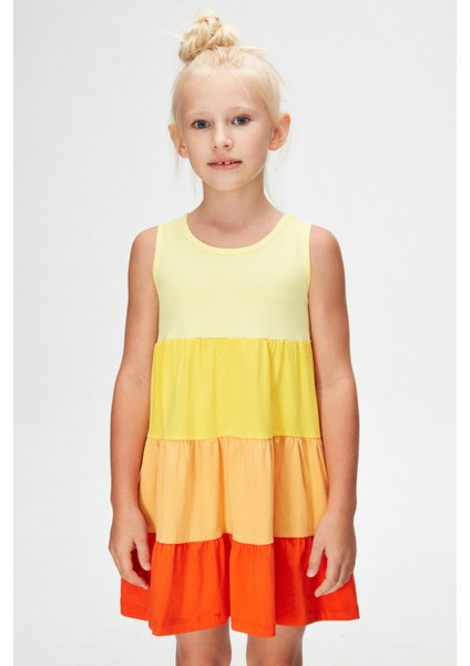 Açık Sarı-Turuncu Kat Kat Renkli Kız Çocuk Büzgülü Askılı Elbise fiyatları