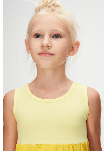 Açık Sarı-Turuncu Kat Kat Renkli Kız Çocuk Büzgülü Askılı Elbise modelleri