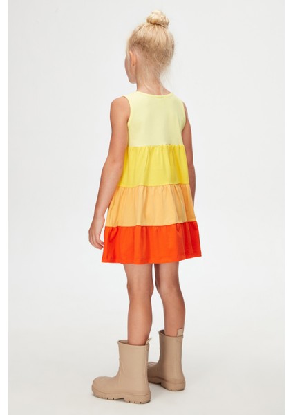 Açık Sarı-Turuncu Kat Kat Renkli Kız Çocuk Büzgülü Askılı Elbise fırsatları