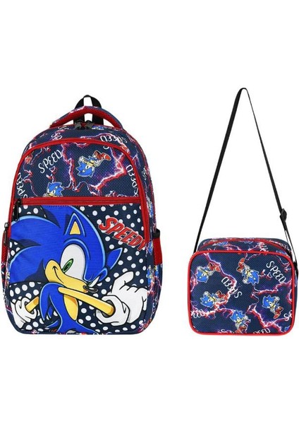 Ilkokul Çantası Sonic 2'li Set 40*30 cm Beslenme Çantası Ortopedik Sırt Çantası Erkek Çocuk
