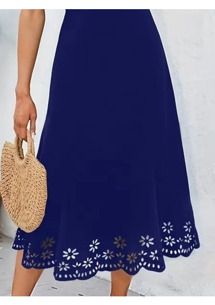 Kadın Kolsuz Etek Ucu Lazer Kesim Çiçek Desenli Midi Boy Ithal Krep Elbise modelleri