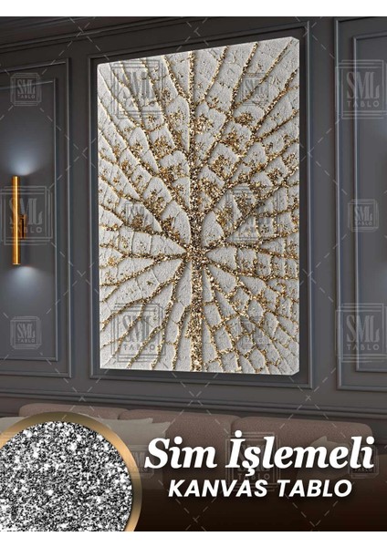 Simli Altın Ağaç Yaprak Pırıltılı Dekoratif Gold Beyaz Hayat Ağacı Sim Işlemeli Dikey Kanvas Tablo