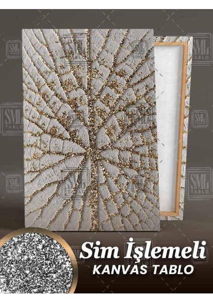 Simli Altın Ağaç Yaprak Pırıltılı Dekoratif Gold Beyaz Hayat Ağacı Sim Işlemeli Dikey Kanvas Tablo fiyatları