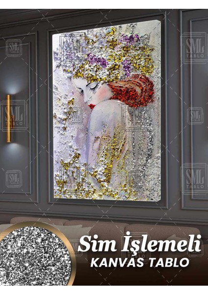 Simli Çiçek Kafalı Kırmızı Pırıltılı Rujlu Kadın Sim Işlemeli Dikey Kanvas Tablo