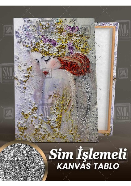 Simli Çiçek Kafalı Kırmızı Pırıltılı Rujlu Kadın Sim Işlemeli Dikey Kanvas Tablo fiyatları