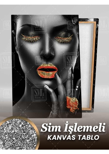 Simli Turuncu Yüzüklü Pırıltılı Afrikalı Kadın Ruj Sim Işlemeli Dikey Kanvas Tablo fiyatları