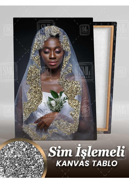 Simli Gelinlik Pırıltılı Elbiseli Afrikalı Kadın Model Sim Işlemeli Dikey Kanvas Tablo fiyatları