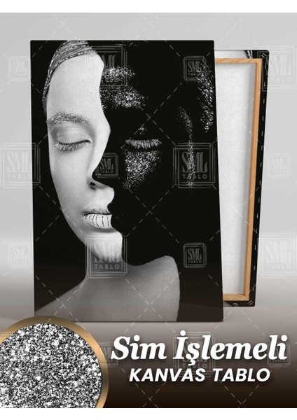 Simli Siyah Beyaz Pırıltılı Makyajlı Kadın Modern Iki Yüzlü Sim Işlemeli Dikey Kanvas Tablo fiyatları