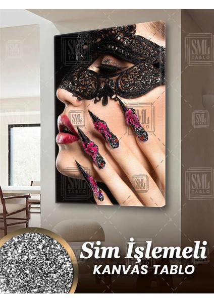 Simli Kırmızı Rujlu Dantel Pırıltılı Maskeli Kadın Çiçek Oje Sim Işlemeli Dikey Kanvas Tablo
