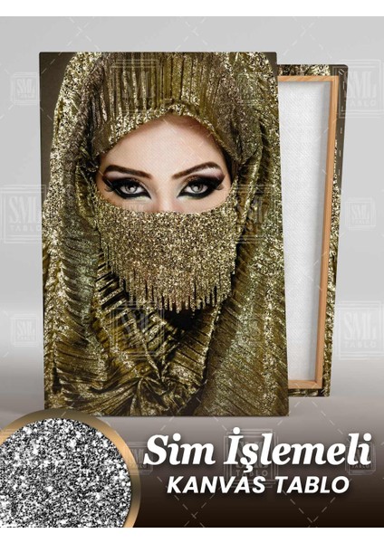 Simli Altın Takılı Kapalı Kadın Model Pırıltılı Göz Sürme Sim Işlemeli Dikey Kanvas Tablo fiyatları