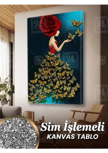 Simli Gül Saçlı Kelebek Kadın Altın Pırıltılı Gold Sim Işlemeli Dikey Kanvas Tablo