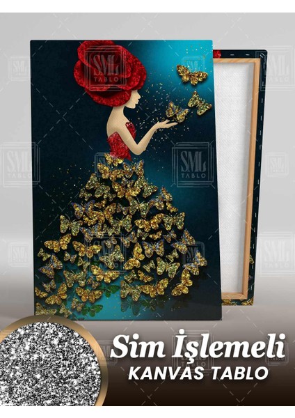Simli Gül Saçlı Kelebek Kadın Altın Pırıltılı Gold Sim Işlemeli Dikey Kanvas Tablo fiyatları