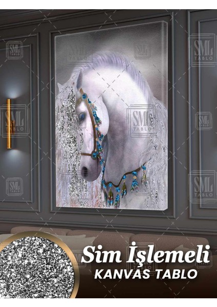 Simli Beyaz Yeleli At Pırıltılı Mavi Göz Asalet Sim Işlemeli Dikey Kanvas Tablo