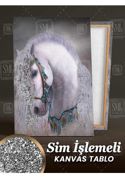 Simli Beyaz Yeleli At Pırıltılı Mavi Göz Asalet Sim Işlemeli Dikey Kanvas Tablo fiyatları