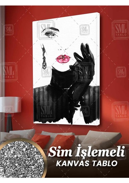 Simli Kırmızı Pırıltılı Rujlu Kadın Model Soyut Sim Işlemeli Dikey Kanvas Tablo