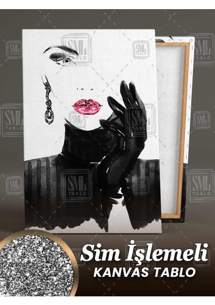 Simli Kırmızı Pırıltılı Rujlu Kadın Model Soyut Sim Işlemeli Dikey Kanvas Tablo fiyatları