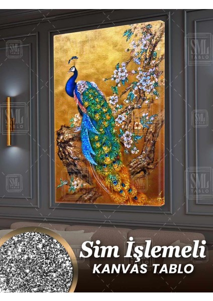 Simli Dalda Oturan Pırıltılı Mavi Tavus Kuşu Gold Sim Işlemeli Dikey Kanvas Tablo
