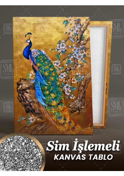 Simli Dalda Oturan Pırıltılı Mavi Tavus Kuşu Gold Sim Işlemeli Dikey Kanvas Tablo fiyatları