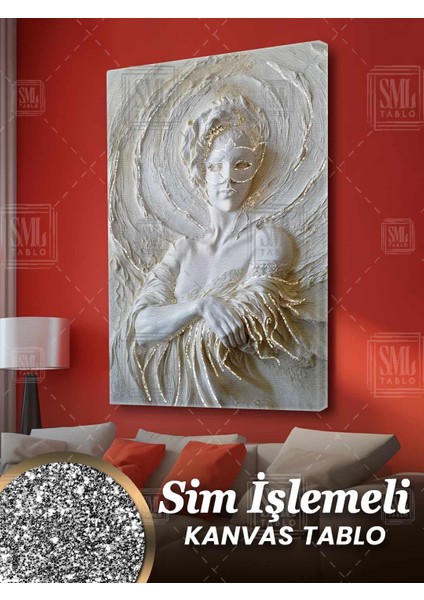 Simli Maskeli Heykel Kadın Pırıltılı Beyaz Mermer Heykel Sim Işlemeli Dikey Kanvas Tablo