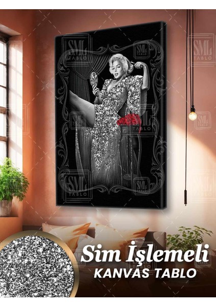 Simli Marilyn Monroe Gülücük Pırıltılı Sexy Kadın Ayna Makyaj Sim Işlemeli Dikey Kanvas Tablo