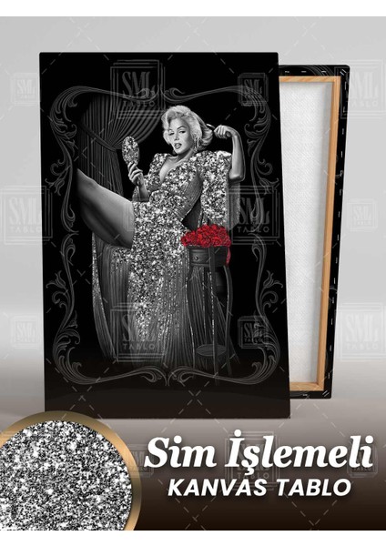 Simli Marilyn Monroe Gülücük Pırıltılı Sexy Kadın Ayna Makyaj Sim Işlemeli Dikey Kanvas Tablo fiyatları