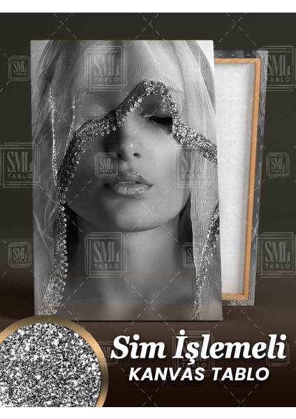 Simli Gümüş Pırıltılı Eşarplı Kadın Model Sim Işlemeli Dikey Kanvas Tablo fiyatları