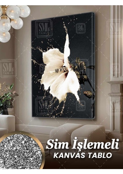 Simli Illüstrasyon Beyaz Çiçek Pırıltılı Modern Sim Işlemeli Dikey Kanvas Tablo
