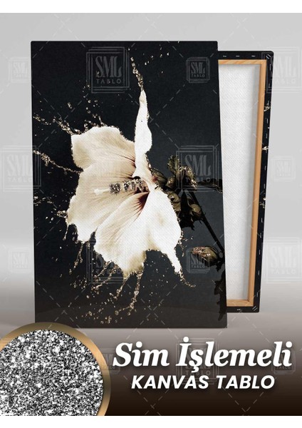 Simli Illüstrasyon Beyaz Çiçek Pırıltılı Modern Sim Işlemeli Dikey Kanvas Tablo fiyatları