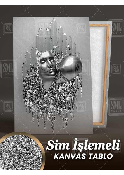 Simli Metal Pırıltılı Gümüş Çift Aşıklar Love Sim Işlemeli Dikey Kanvas Tablo fiyatları