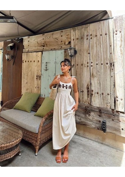 Kadın Tam Keten Astarlı Cepli Nakış Işlemeli Elbise fiyatları